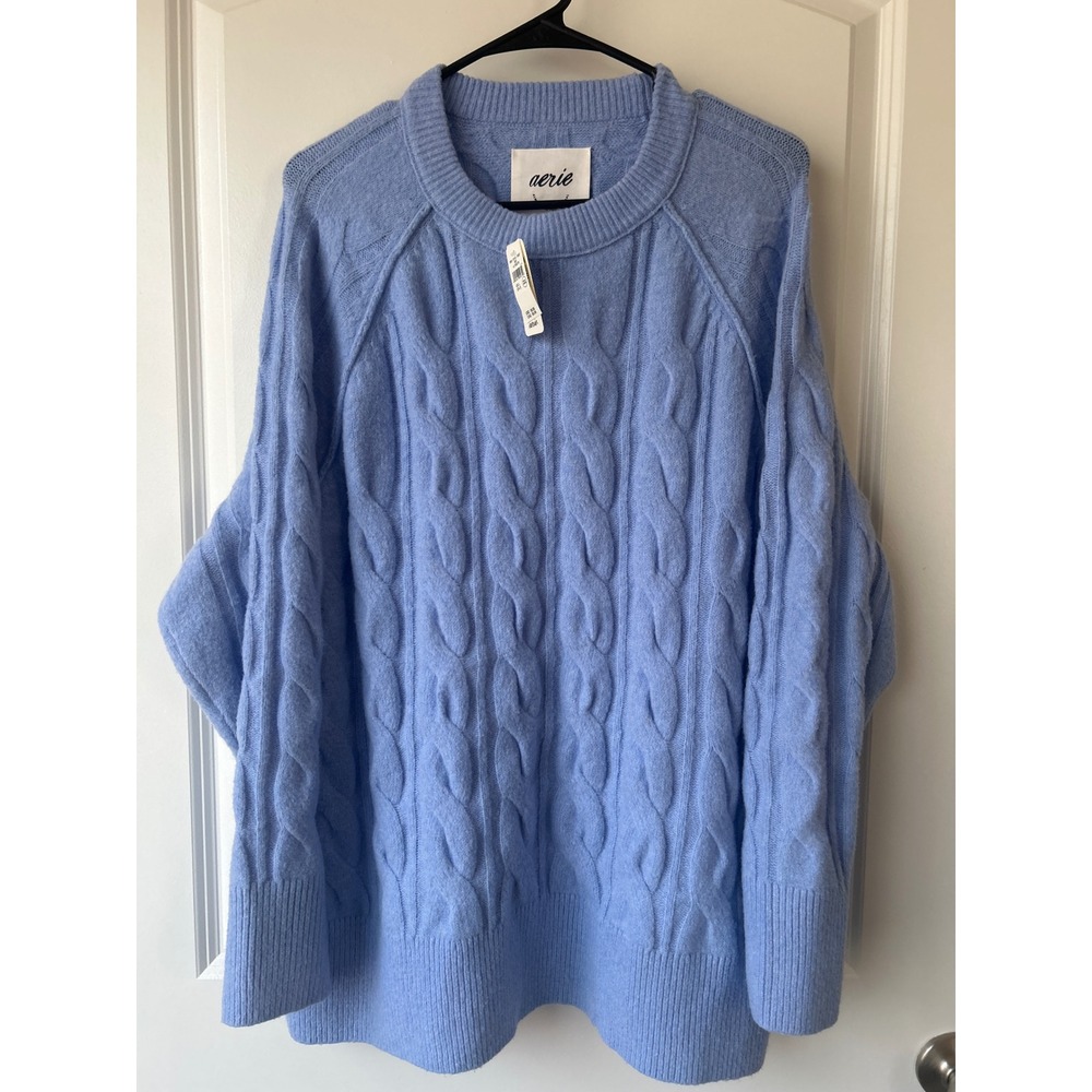 Aerie Cable Knit Sweater Blue Oversized Crew Neck Pullover Large NWT